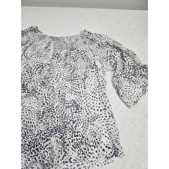 White/Navy Patten Flowy Blouse 2X with wide ruffle sleeves, unique, lightwgt - Picture 7 of 7